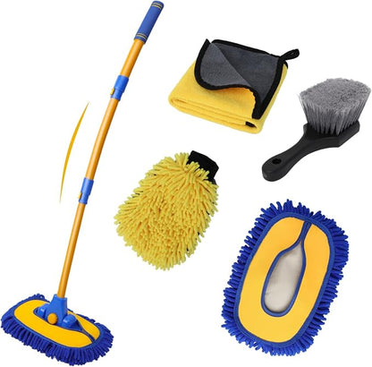5PCS Car Wash Brush with Long Handle, 15°Curved Car Cleaning Brush with Replaceable Head Cover, Truck Washing Brushwith Telescopic Handle Wash Mop Kit (Blue)