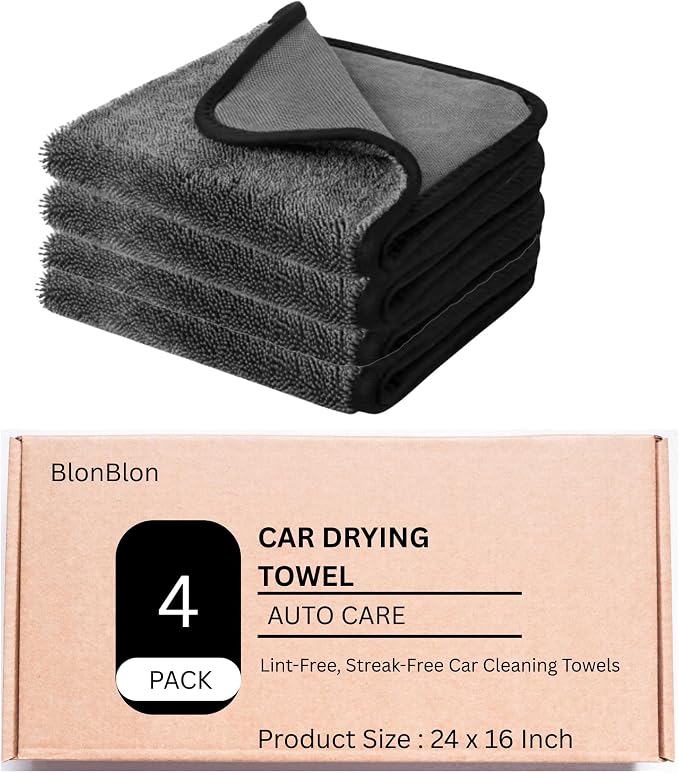 BlonBlon 4-Pack Large Microfiber Drying Towels (24" x 16") – Ultra-Absorbent, Streak-Free, Scratch-Resistant Towels for Cars and Trucks