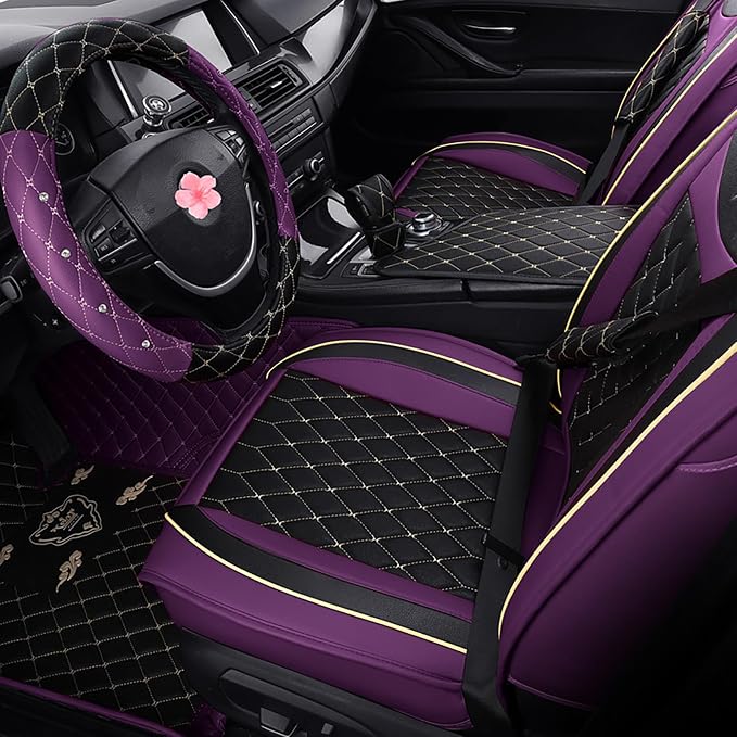 Car Seat Covers Front Seats, Super Luxurious Heavy Universal Duty Waterproof Leather Automotive Vehicle Cover for Cars SUV Pick-up Truck, Non-Slip Seat Pink Car Accessories (2 PCS Front/Purple)