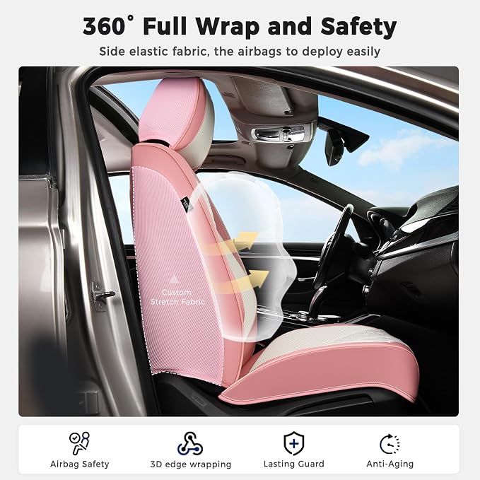 Huidasource Leather Seat Covers Front Seat, Pink & White Car Seat Covers Universal Fit for Most Cars SUV Trucks, Waterproof Automotive Car Seat Cushion Cover Protector with Lumbar Support