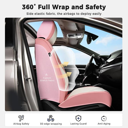 Huidasource Leather Seat Covers Front Seat, Pink & White Car Seat Covers Universal Fit for Most Cars SUV Trucks, Waterproof Automotive Car Seat Cushion Cover Protector with Lumbar Support