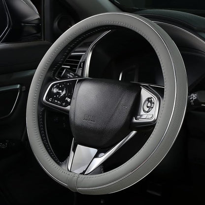 ALEMODR Gray Leather Steering Wheel Cover Silver Fiber Strip Car Steering Wheel Cover Universal 15 inch for Men