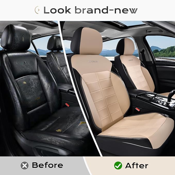 Coverado Front Seat Leather Covers, Full Leather Construction with Carbon Fibre Weave, Universal Fit for Most Cars SUV Trucks (Beige)