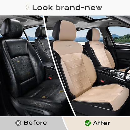 Coverado Front Seat Leather Covers, Full Leather Construction with Carbon Fibre Weave, Universal Fit for Most Cars SUV Trucks (Beige)