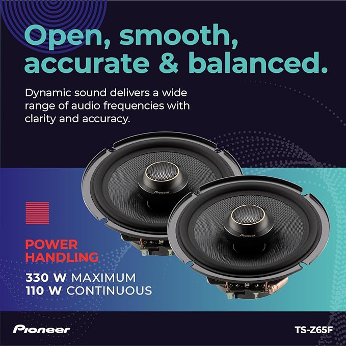 Pioneer Z-Series TS-Z65F 6.5” 2-Way Speakers (Pair) – 330W Max, Balanced Sound + Smooth Treble, Audiophile Upgrade, add an Amplifier for Optimal Performance