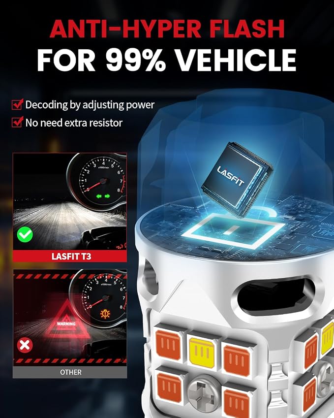 LASFIT 3157 Switchback LED Bulb, 3057 4157 White Amber T3 Series CANBUS Anti Hyper Flash Front Turn Signal DRL Parking Light New 500% Bright, Only for Standard Socket (Pack of 2)