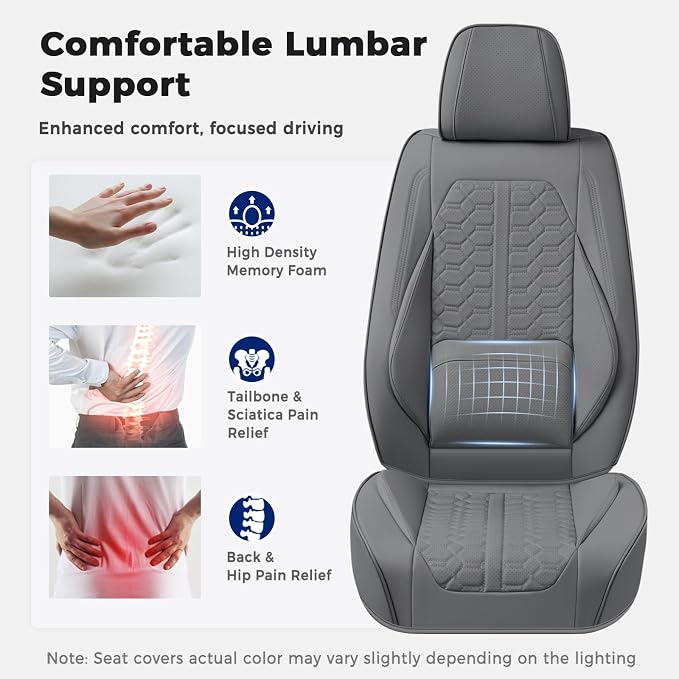 Huidasource Front Car Seat Covers, Nappa Leather Grey Car Seat Cushion Covers, Waterproof Full-Coverage Front Seat Cover with Lumbar Support Fit for Most Cars SUV Trucks, Gray