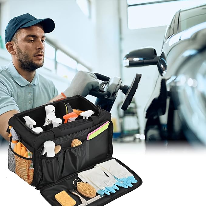 Extra Large Car Detailing Bag, Cleaning Caddy with Lid and Handle for Auto Detailing Supplies, Car Cleaning Storage Trunk Organizer for Polisher and Vehicle Wash Tools, Black