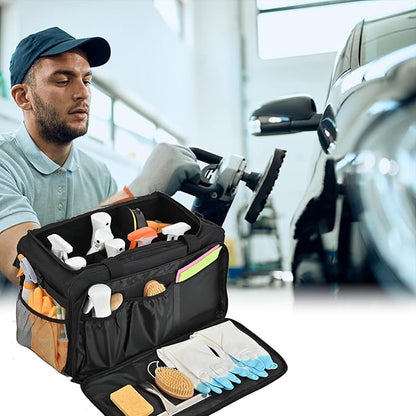 Large Car Detailing Bag, Cleaning Caddy with Lid and Handle for Auto Detailing Supplies, Car Cleaning Storage Trunk Organizer for Polisher and Vehicle Wash Tools, Black