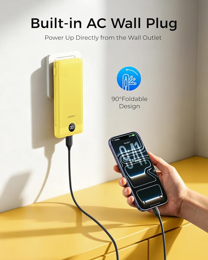 VEGER Portable Charger Power Bank with Built-in AC Plug and Cables, All in One 10000mAh Ultra Slim Travel Essentials, Fast Charging Battery Pack Compatible with iPhone, Samsung, Android, Yellow