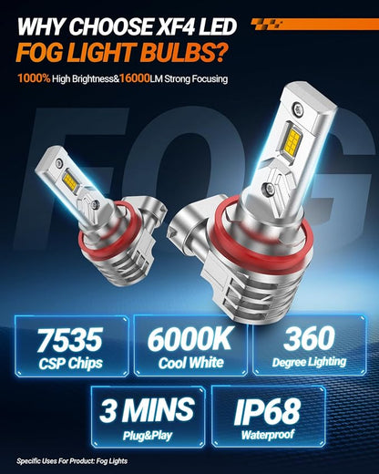 SEALIGHT H8/H11 LED Fog Light Bulbs Yellow, 16000LM Super Bright H11 LED Fog Lights Amber Yellow H8/H16, 1000% Brighter High Penetration, Plug & Play, Pack of 2