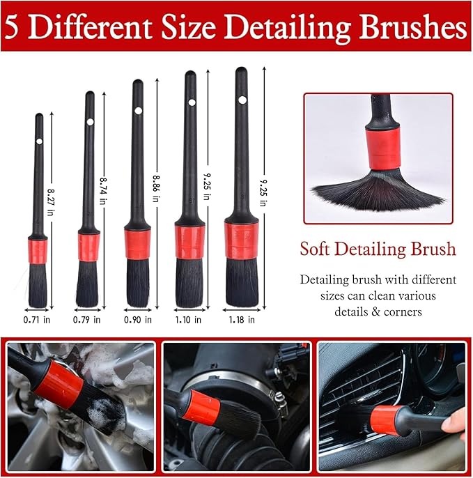 Nurkul 11Pcs Auto Detailing Set, Boar Hair Brushes, Steel Wire & A/C Brushes, Red, Soft Bristles, Wood Handles for Cleaning Interior, Exterior, Leather, 6 Sizes