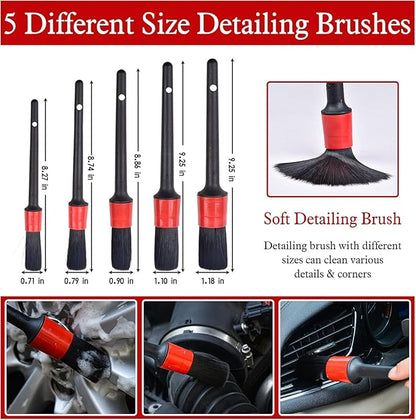 Nurkul 11Pcs Auto Detailing Set, Boar Hair Brushes, Steel Wire & A/C Brushes, Red, Soft Bristles, Wood Handles for Cleaning Interior, Exterior, Leather, 6 Sizes