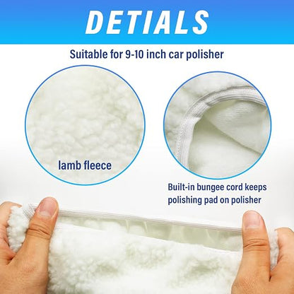 Bonsicoky 6 PCS Car Polishing Bonnet Buffing Pad Lamb Fleece Buffing Pad Cover for 9" - 10" Car Polisher, White