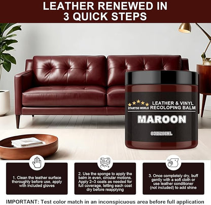 STARTSO WORLD Leather Recoloring Balm, Maroon Leather Repair Kit for Furniture, Leather Dye, Leather Color Restorer for Couches, Leather Couch Paint | Repair, Restore & Renew Old, Faded Leather