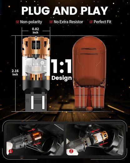 LASFIT 7440 7443 LED Bulb Amber Built in Resistor Anti Hyper Flash Canbus 7443 Front Rear Turn Signal Lights with Fan 7444na 7441 7444 7440NA W21W WY21W Bulbs No Load Resistor Need(Pack of 2)