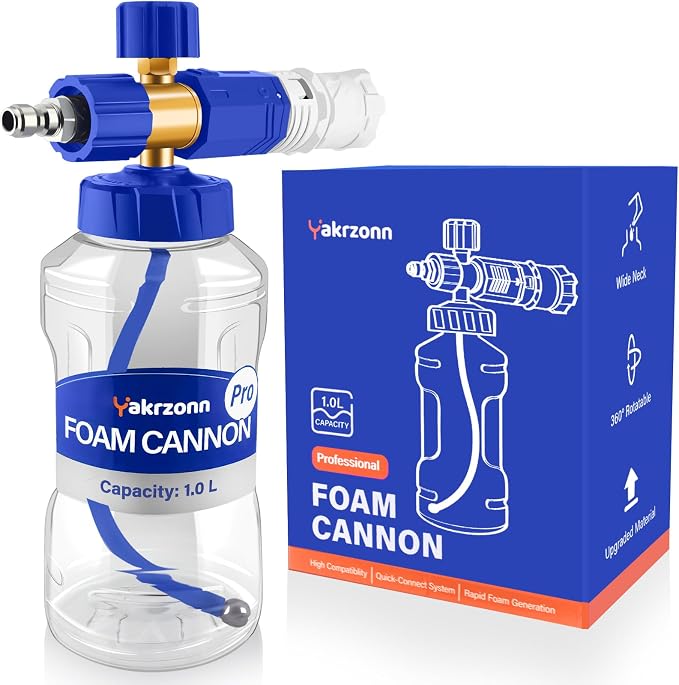 Foam Cannon for Pressure Washer, Professional Car Cannon Lance, 1L Wide Mouth Bottle, 1/4 Inch Quick Connector, 4000 PSI, 360 Rotatable Nozzle, Adjustable Thick Snow Foam, 1.2mm Orifice
