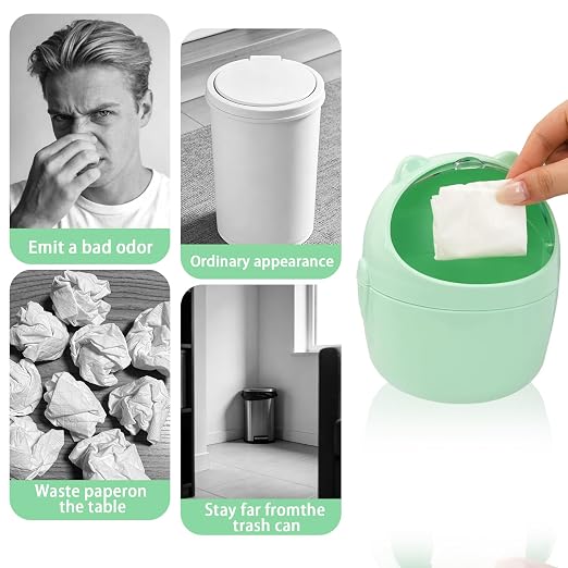 Mini Trash Can, Cute Small Trash Can with Lid, Desktop Paper Bin with 5 Rolls of Bin Liners, Portable Tabletop Dustbin, Cartoon Animal Rubbish Storage for Office Bedroom Desk Kitchen(Green)