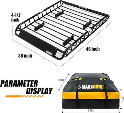 MaxxHaul 51084 46" x 36" x 4.5" Roof Rack Cargo Carrier Steel Basket, Car Top Luggage Holder for SUV and Pick Up Trucks - 150 lb. Capacity, with 15 Cu.Ft. Water Resistant Roof Bag 44" x 34" x 17"