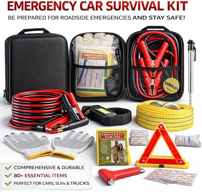 Car Emergency Kit with Battery Jumper Cables, Car Accessories Men Or Women, Emergency Car Kit, Roadside Automotive Safety Kit Car, Vehicle, Truck Or SUV, Gifts Men Or Him, Black