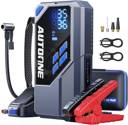 AUTOONE 10000A Jump Starter with Air Compressor, 24000mAh Jump Box with Tire Inflator (All Gas & Diesel) Portable Car Battery Booster Jumper Starter Pack, Jumper Cables, Type C, 60W Charging, Light