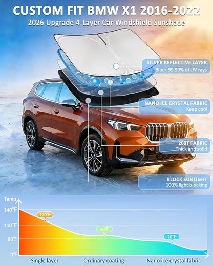 Windshield Sunshade for BMW X1 Sun Shade 2016-2022 xDrive/sDrive Car Windshield Accessories Upgrade 4 Layers Custom Fit BMW X1 Car Window Shades Blocks UV Rays 240T Keep Cool Foldable