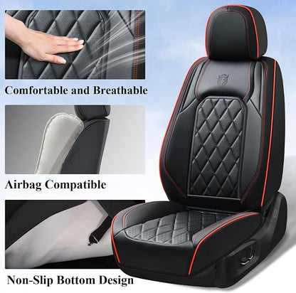 Coverado Car Seat Covers Full Set, Luxury Faux Leather Waterproof Seat Covers, Black Car Seat Covers, Universal Car Seat Protector Leather Car Seat Cushion, Carseat Cover Fit Most Cars, Black&Red