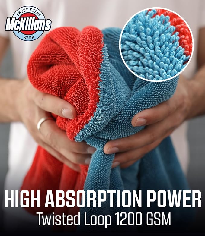 McKillans® Extra Large Dual-Color Car Drying Towel XL - Edgeless & Ultra Soft & Absorbent - 36" x 28" - 1200 GSM Twisted Loop Microfiber Towel for Cars - Drying Towel Car Detailing - Car Wash Towels