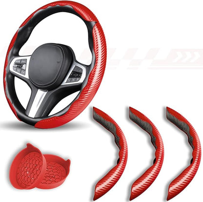 3 Piece Carbon Fiber Steering Wheel Cover,Car Steering Wheel Protector with Non-Slip Lining,Breathable Microfiber Universal for 14.5-15 inch,Red