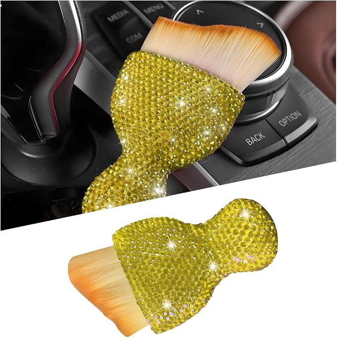 Bling Car Detailing Brush, Crystal Rhinestone Non-Scratch Vehicle Cleaning Dust Brush for Air Vent & Dashboard, Soft Bristles Automotive Interior Cleaning Tool, Universal Fit (Yellow)