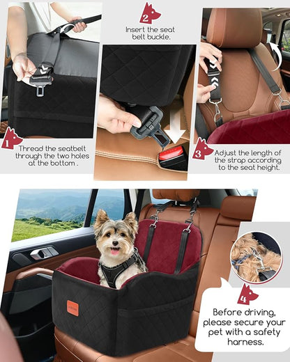 Lealchum Dog Booster Car Seat for Small/Medium Dogs,Puppy Portable Car Bed with Elevated Cushion,Fully Detachable and Washable,2 Storage Pockets,Easy to Install (Blakc/Red, Medium)