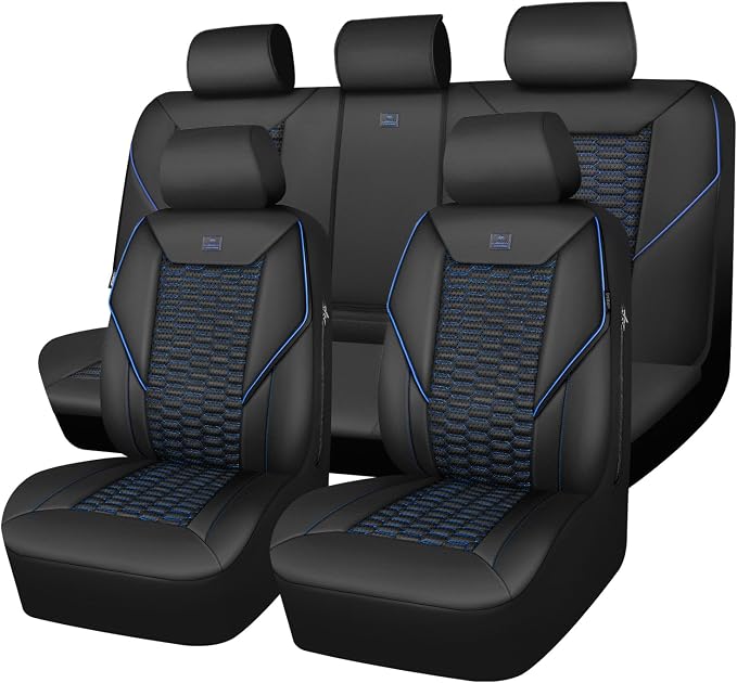 CAR PASS 3D Foam PU Leather Car Seat Covers Full Set,Luxury Breathable Faux Leather Seat Covers for Car,Anti Slip Universal Fit for SUVs Vans Sedan Truck Auto,Armrest Airbag Compatible,Black and Blue