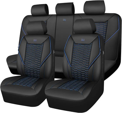 CAR PASS 3D Foam PU Leather Car Seat Covers Full Set,Luxury Breathable Faux Leather Seat Covers for Car,Anti Slip Universal Fit for SUVs Vans Sedan Truck Auto,Armrest Airbag Compatible,Black and Blue