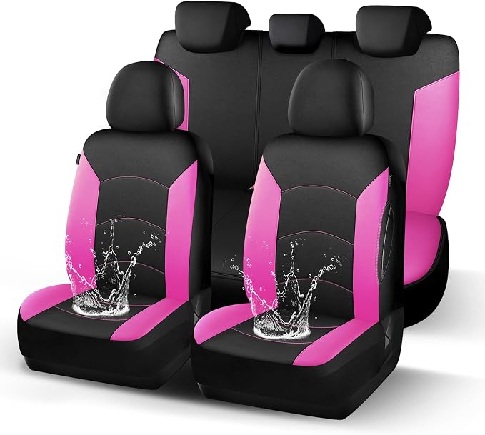 HChengkikz Car Seat Covers Full Set, Waterproof Neoprene Seat Covers, Airbag Compatible, Universal All Season Automotive Seat Covers for Most Cars, SUVs, Trucks (Black + Pink)