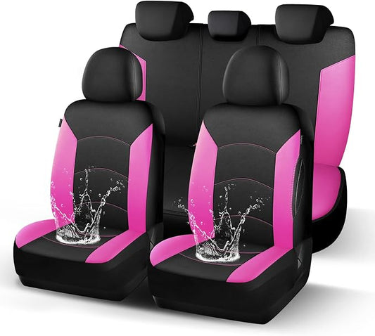 HChengkikz Car Seat Covers Full Set, Waterproof Neoprene Seat Covers, Airbag Compatible, Universal All Season Automotive Seat Covers for Most Cars, SUVs, Trucks (Black + Pink)