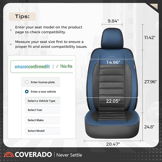Coverado Car Seat Covers Full Set, Luxury Leather Car Seat Covers, Automotive Front and Rear Mesh Seat Covers, Full Set 5 Seats, Blue Black Seat Covers for SUV Sedan Truck