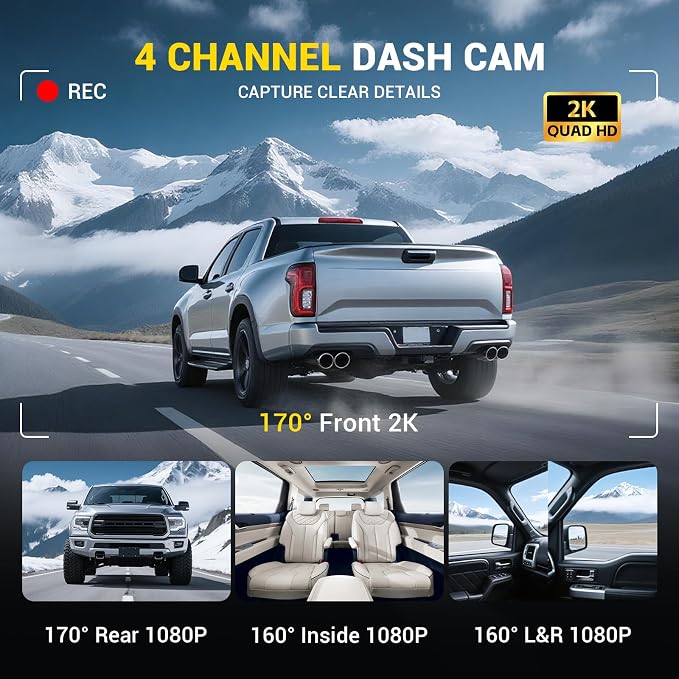 4K 4 Channel Dash Cam Front and Rear with Cabin, 4K+1080P+1080P Dash Camera for Cars, Free 128GB Card Included, Dash Cam with Night Vision, WiFi, GPS, APP Control, Parking Monitor, Loop Recording
