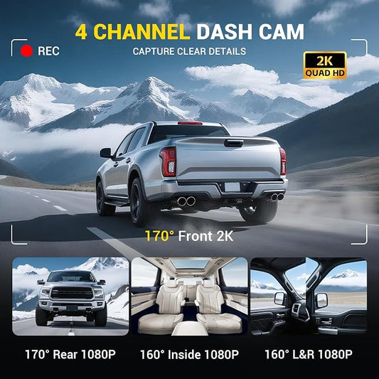 4K 4 Channel Dash Cam Front and Rear with Cabin, 4K+1080P+1080P Dash Camera for Cars, Free 128GB Card Included, Dash Cam with Night Vision, WiFi, GPS, APP Control, Parking Monitor, Loop Recording