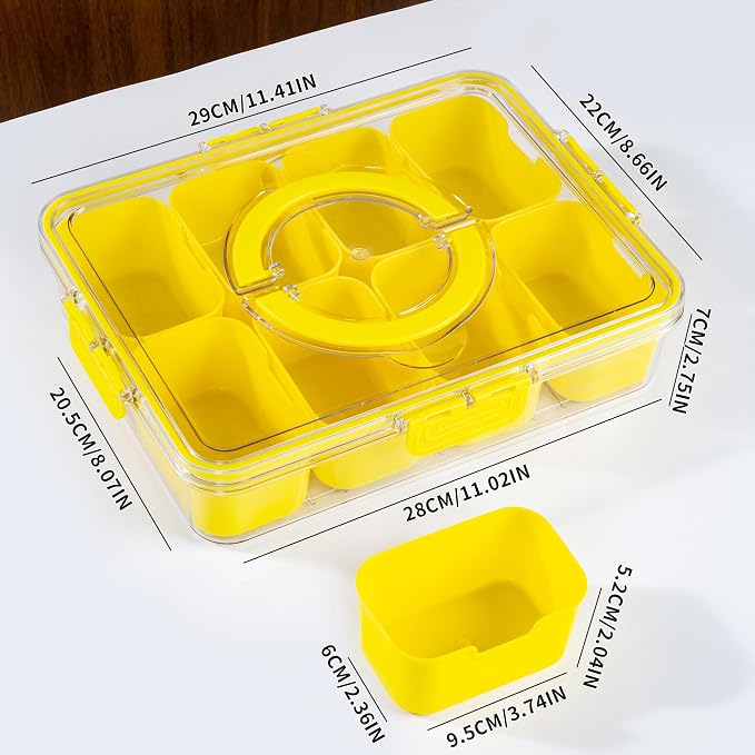 WACOI Divided Snack Serving Tray with Lid and Handle Travel Snackle Charcuterie Container Portable Storage Organizer for Candy, Fruits, Nuts, Snacks, Party, Picnic (1pack, Yellow)