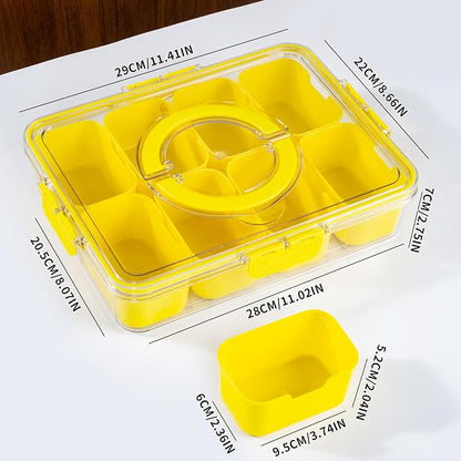 WACOI Divided Snack Serving Tray with Lid and Handle Travel Snackle Charcuterie Container Portable Storage Organizer for Candy, Fruits, Nuts, Snacks, Party, Picnic (1pack, Yellow)
