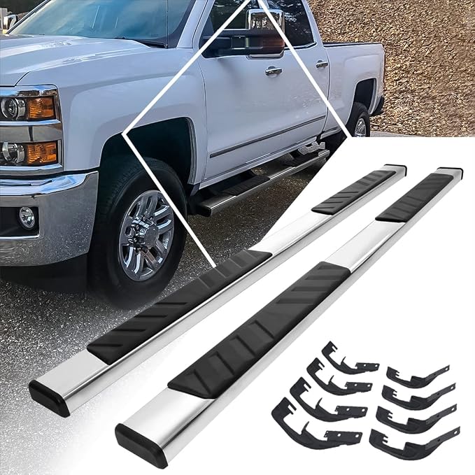 [Pair] 5 Inch Chrome Stainless Running Boards Side Steps Nerf Bars Compatible with 07-19 Chevy Silverado/GMC Sierra Crew Cab