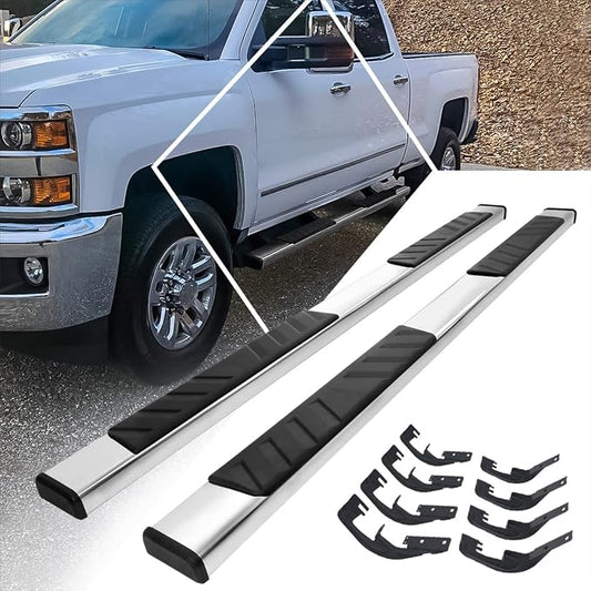 [Pair] 5 Inch Chrome Stainless Running Boards Side Steps Nerf Bars Compatible with 07-19 Chevy Silverado/GMC Sierra Crew Cab