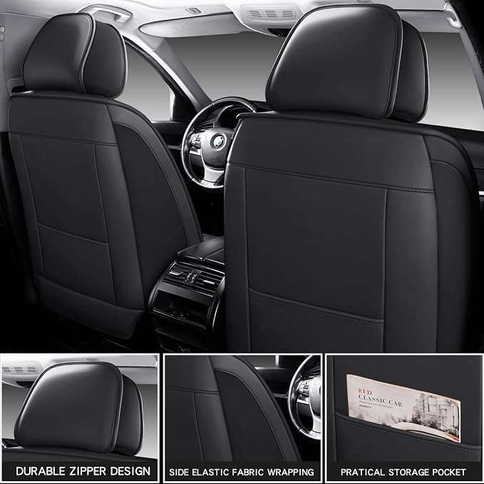 MINGBRON Seat Covers, Car Seat Covers Front Seats, Car Seat Cover, Car Seat Protector Waterproof, Car Seat Cushion Nappa Leather, Black Seat Covers Carseat Cover Universal Fit for Most Cars