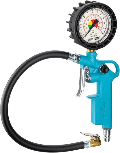 HAZET Tire Pressure Gauge 9041-1 I Pressure Gauge Measuring Range: 0-174 Psi, Hose Length: 15.75 Inches, Pressure Gauge Diameter: 2.48 Inches I Tire Pressure Gauge for Cars