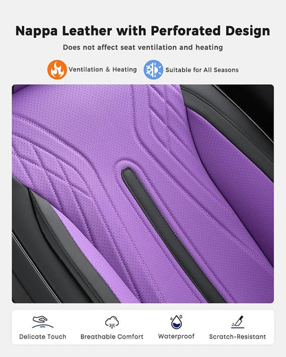 Huidasource Car Seat Covers Full Set, Universal Fit for Most Cars SUV Trucks, Full Coverage Nappa Leather Seat Cover, Airbag, Cupholder Compatible, Velcro Adjustable, Black&Purple