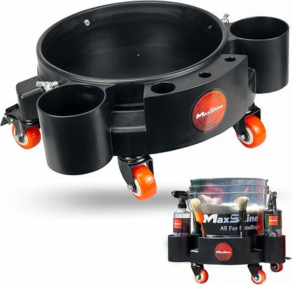 Maxshine Universal Rolling Bucket Dolly – Black Heavy-Duty Polypropylene Car Wash Bucket Cart with 5 Swivel Wheels, 5 Bottle & Brush Holders – Spill-Free Auto Detailing Storage & Garage Organization