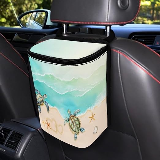 Talayituse Turtle Starfish Seashell Heart Beach Print Car Trash Bin, Large Size Auto Trash Can Adjustable Portable Garbage Can with Lid, Vehicle Hanging Bag for Headrest Front Back Seat