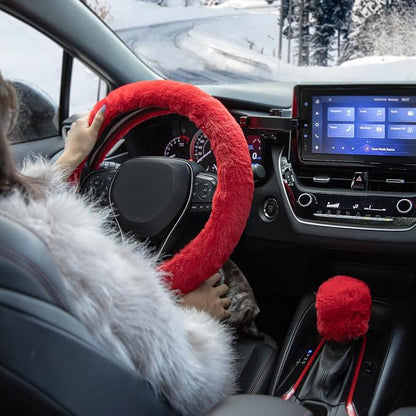 SEG Direct Furry Car Steering Wheel Cover with Fluffy Gear Shift Cover Soft Warm Non-Slip Car Decoration for Women Girls 2 PCS Set, Red