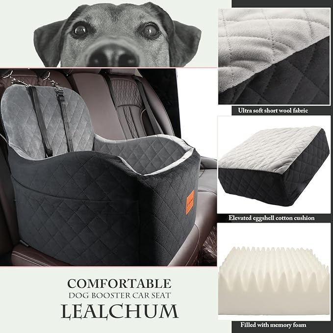 Lealchum Dog Booster Car Seat for Small/Medium Dogs,6in Memory Foam Elevated Cushion,Fully Detachable and Washable,2 Clip-On Safety Leashes,Anti-Slip Base(Black/Grey,Medium)