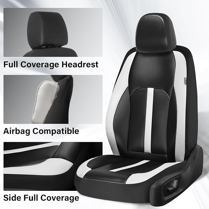 Coverado Leather Car Seat Covers Front Seats & Carbon Fiber, Waterproof and Durable All Weather Protector, Universal Fit for SUV, Pickup Truck, Sedan, Automotive Vehicle Interior, Black&White